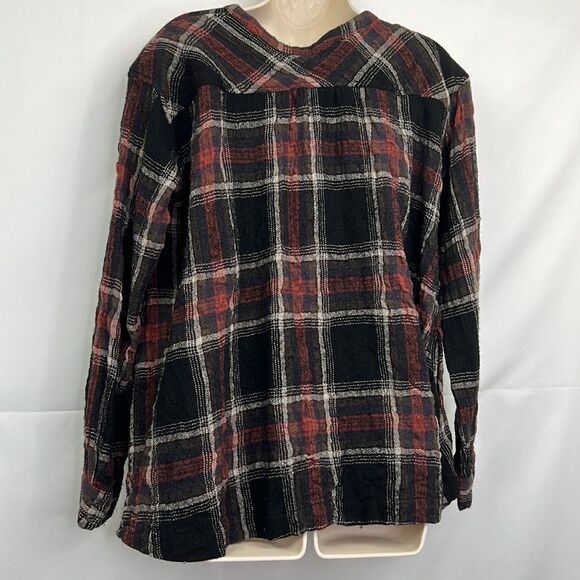 Free People Shirt jacket plaid brown and black pull over size Medium EUC - Picture 7 of 11